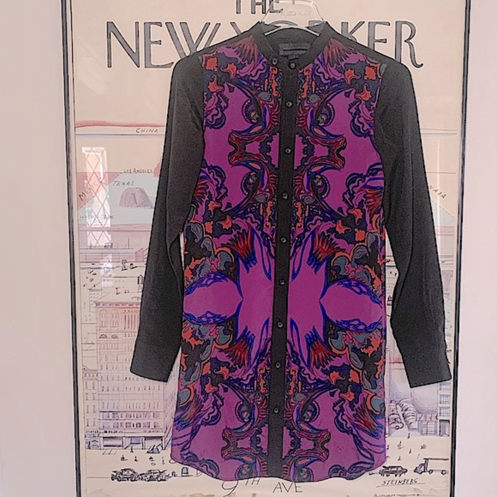 Diesel Black Gold blouse|tunic in rich purple floral with black sleeves size 36